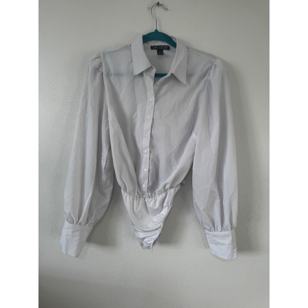 LOVE X DESIGN White Button Down‎ Long Sleeve Bodysuit Women's Size M Puff Sleeve